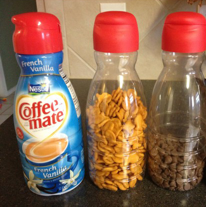 Use empty creamer bottles to store snacks